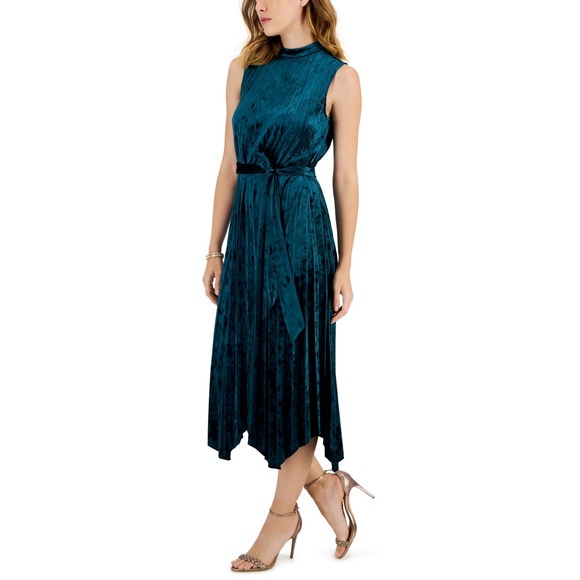 Tahari ASL Dress Womens Size 14 Teal Pleated Velvet Mock Neck Midi NWT‎ - Picture 1 of 9